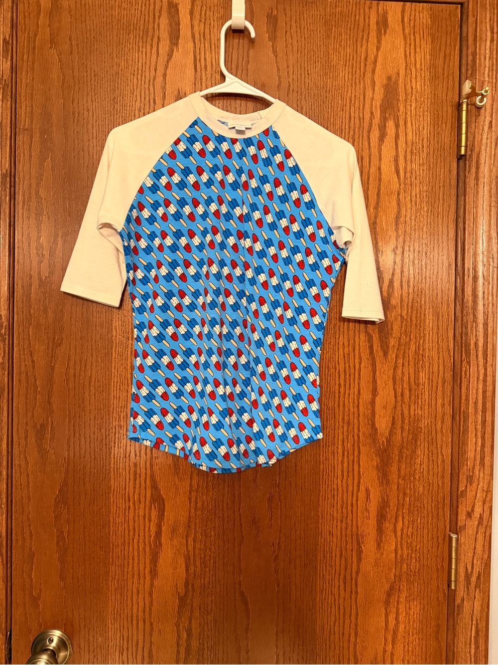 LuLaRoe Kids Blue Popsicle Raglan Tee with Cream Sleeves